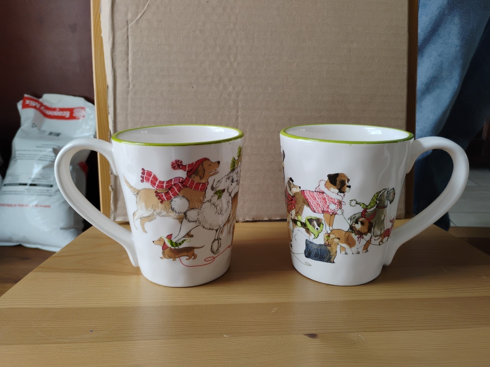 Pier 1 Imports PARK AVENUE PUPPIES 14oz Mug Christmas Winter Dogs Green Trim