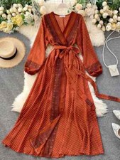Spring Autumn Women's Dress New Thin Chiffon Print Lace-up Waist Slim Long Dress