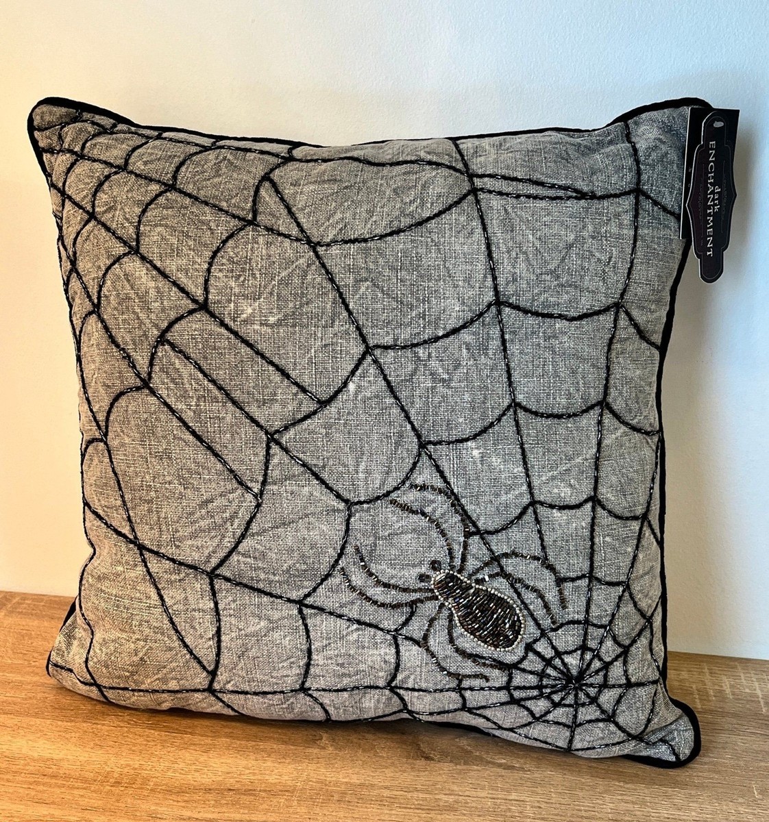 Spider Web Gray Beaded Halloween Throw Pillow NEW
