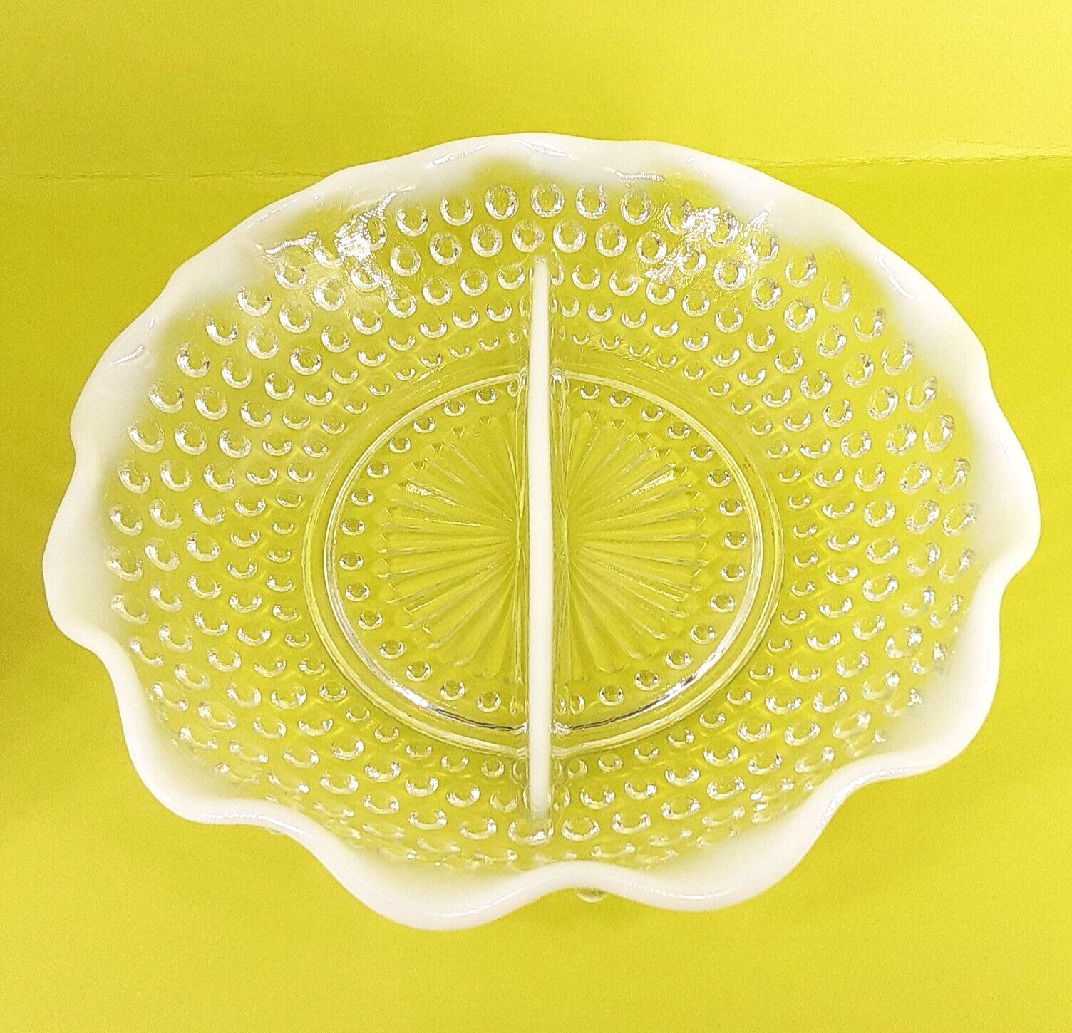 Vintage Fenton Opalescent Moonstone Divided Serving Bowl 7.75