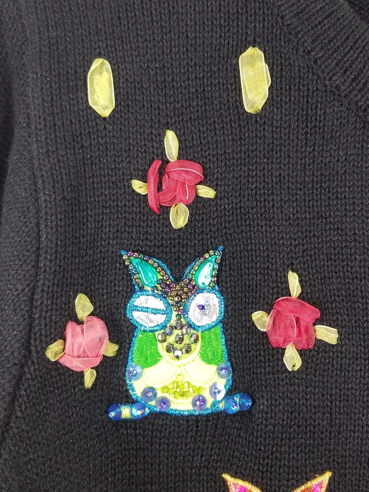 Suéter JACK B QUICK De Colección Manga Larga Negro Multicolor Diseño Búho Cuentas Talla S Foto 3 de 4