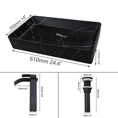 24" Rectangular Bathroom Vessel Sink Black Marble ceramic Basin Faucet Drain Set - 第 3/7 張圖片