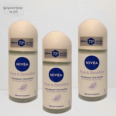 3x 50ml Nivea Pure & Sensitive Anti Transpirant Roll On 48h 0% Alkohol Deodorant