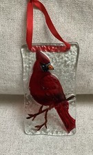 Cardinal Bird Sun Catcher Reverse Painted Rectangle Ornament Fused Glass