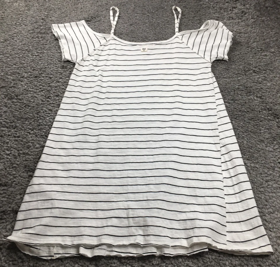 Billabong Womens Top Sz S Ivory Black Striped Cold Shoulder Raw Hem Strappy - Image 3 of 4
