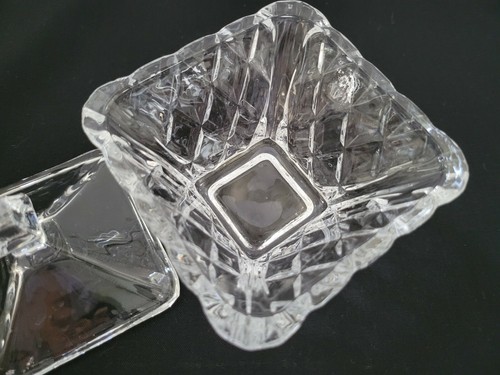 Crystal Glass Covered Candy Dish Square Diamond Point Cut - Picture 8 of 11