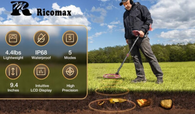 Metal Detector- IP68, LCD Display, 5 Modes, 9.4'' Search Coil, Headphones, case