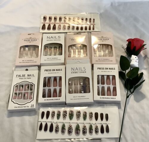 Lot Of 10 False Fake Nails Assorted Bling Floral Long Medium NO GLUE ALL NEW - Picture 2 of 14