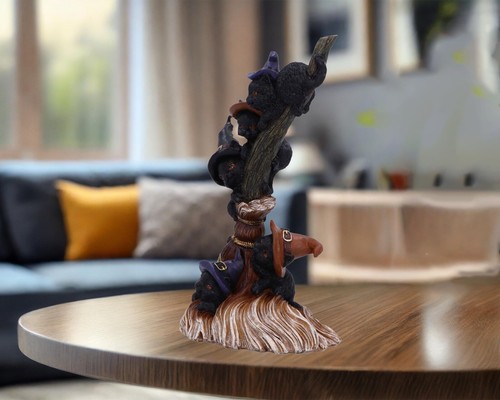 Witches Black Cats on Broomstick Figure Witchcraft Ornament New & Boxed 21cm - Picture 2 of 6