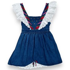 Vintage 1980s Girls Smocked Back Denim Plaid Lace Ruffle Sleeve Dress 3T - 4T