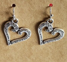 Handcrafted  1-1/8" Dangle Earring  Silver Heart  Drop Pierced Earrings 107 