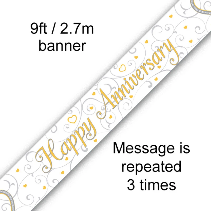 OAKTREE UK Happy Anniversary Banner Linked Hearts 9ft Holographic Foil Party Decoration