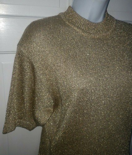 SUZELLE gold Metallic 2 Piece Knit Pantsuit Cocktail Party Set L vintage 70s - Picture 3 of 8