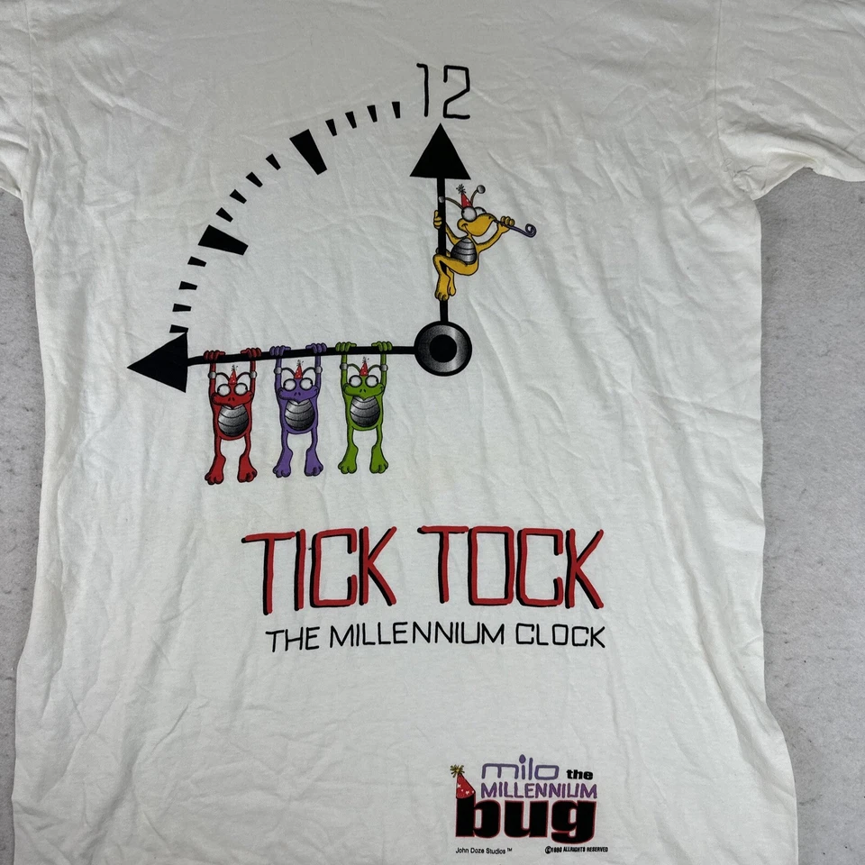 复古 1998 Milo Millennium Bug T 恤男式 XL Tick Tok 时钟 1998 白色 — 第 2/4 张图片