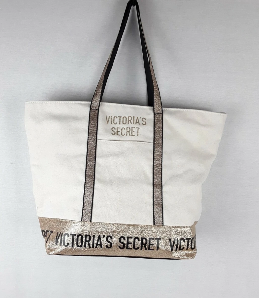 VICTORIA S SECRET tote bag gold shimmer canvas cream eBay