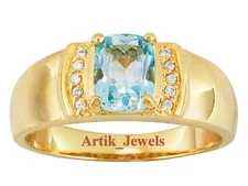 Natural Blue Topaz & CZ Gemstone With 14K Gold Plated Silver Ring for Men's #707