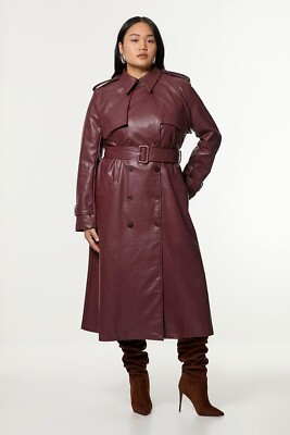 Karen Millen Plus Size 18 Faux Leather Belted Trench Coat Burgundy Oxblood  RARE UK