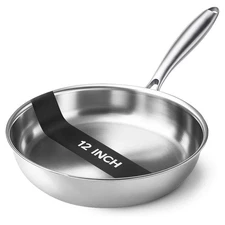 Tri-Ply Stainless Steel Pan 12 Inch Frying Fast and Even Heat Skillet Induction