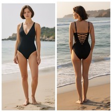 TA3 Black Plungey One Piece Swimsuit Large Regular Length Lace Up Back NWT