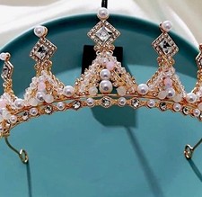 girls kids Gold Tone Metal Tiara Crown Headband with Pink Crystal White Pearl