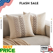 Set of 2 Farmhouse Leaves Throw Pillow Covers 18x18 Beige Cotton