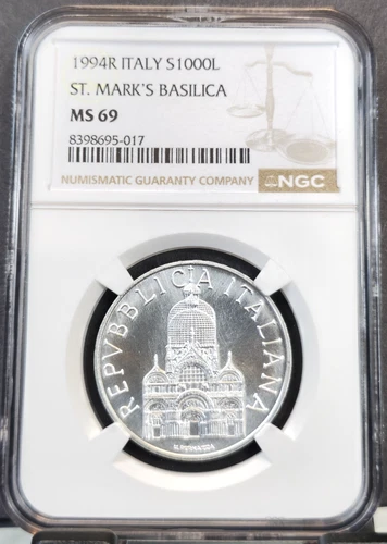 1994 ITALY SILVER 1000 LIRE SAINT MARKS BASILICA NGC MS 69 RARE HIGH GRADE GEM