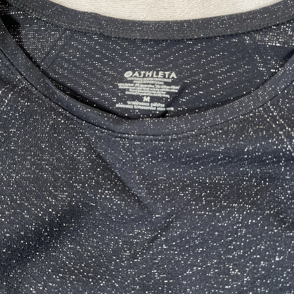Athleta Top Black Silver Metallic Long Sleeve Flurry Shine Thumb Holes - Image 2 of 4