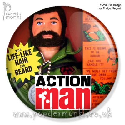 ACTION MAN GI JOE ~ Retro Toy [45mm BADGE/MAGNET] "With Life-Like Hair & Beard"