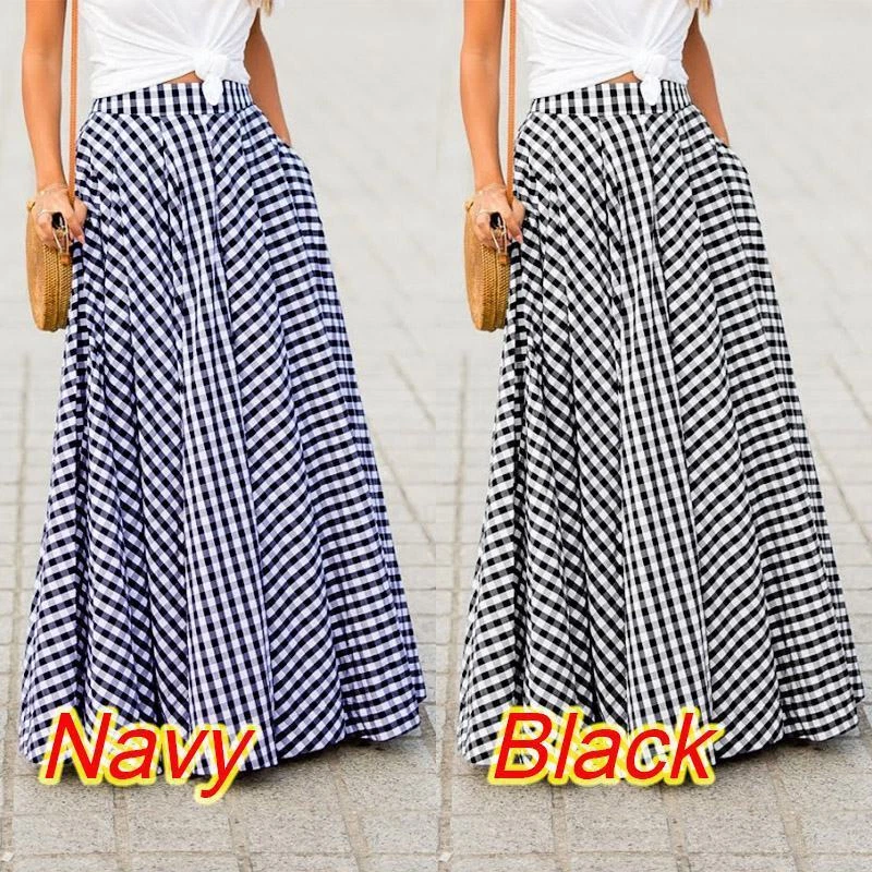 Women s Summer Pleated Maxi Skirts Ladies Casual Festival Plaid Long Skirt Dress