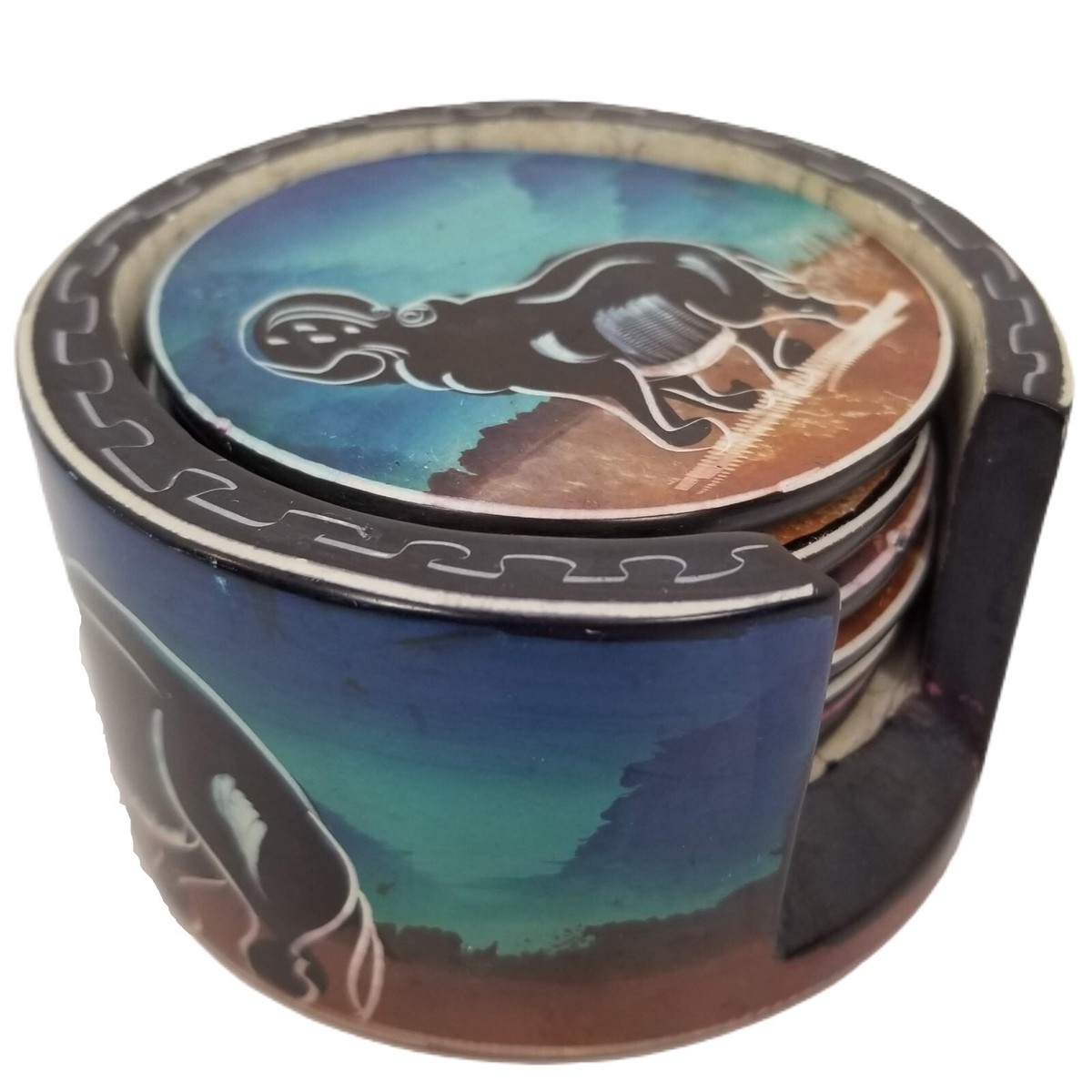 African Safari Animal Soapstone Coaster Set Hand Painted Blue