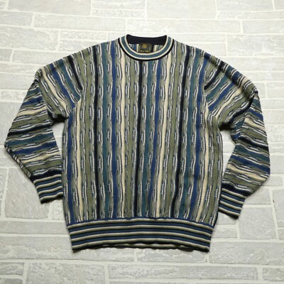 FX Fusion Sweater Size Large Blue Green 3D Cable Knit Cotton Blend Crew Neck