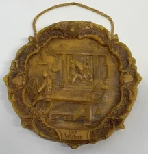 Vintage 40's German 3-D Wax Relief Wall Art, 'Der Webber'/'The Weaver', Loom, 9"