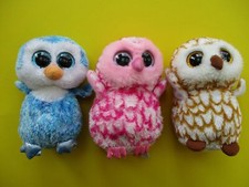 3 TY Beanie Boos  OWLS  Ice Cube, Pinky, Swoops   6" long    PINK, BLUE, BROWN