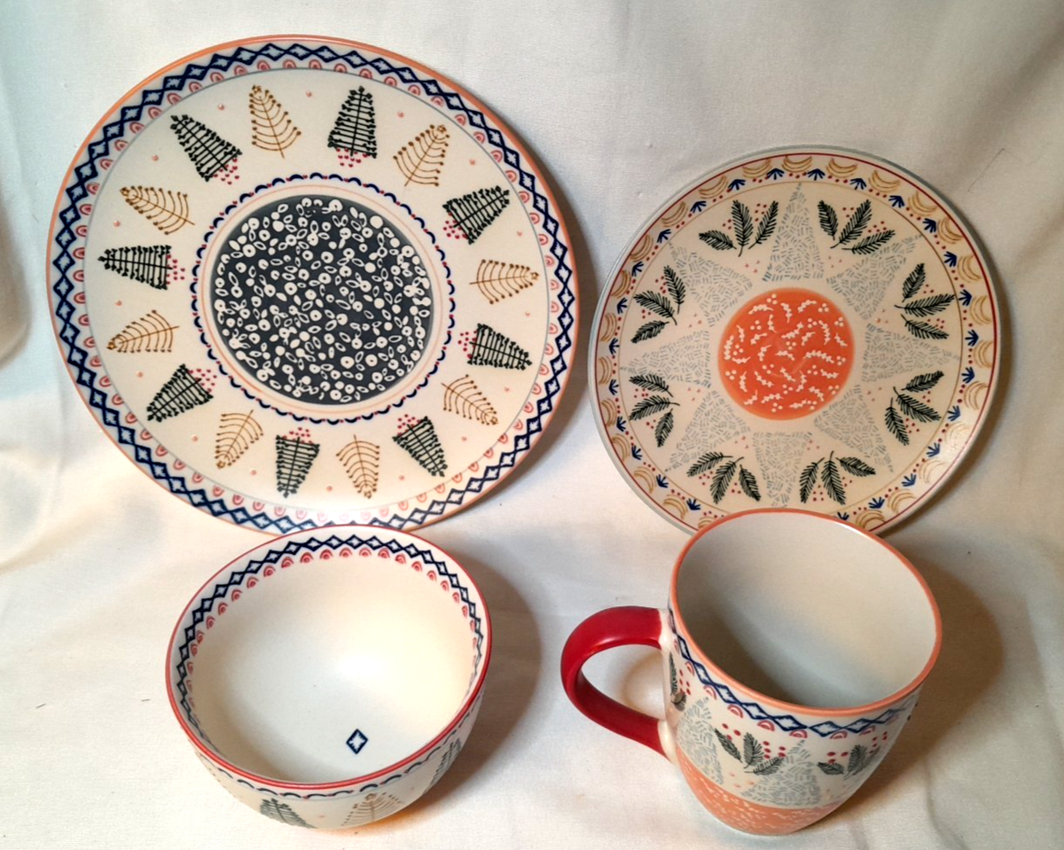 Rare West Elm Hand Painted Scandi Forest 4pc Set Salad, Dinner Plates,  Bowl, Mug