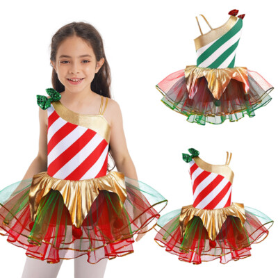 Girl Christmas Dance Tutu Dress Leotard Candy Cane Costume Ice Skating Dancewear