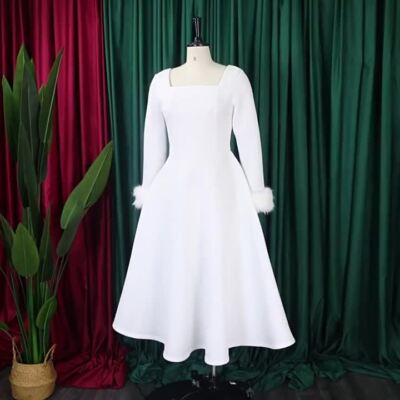 Maxi White Church Dresses For Ladies Chic Women White Pleated Dress Crew  Neck Hollow Out Lace
