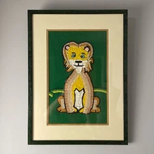 Handmade Framed Felt Mosaic Lion Picture Art Jungle Decor 19 x 14