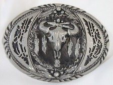 Vtg SSI Belt Buckle Bull Skull Western Cowboy Big Black Silvertone 4" Big Oval