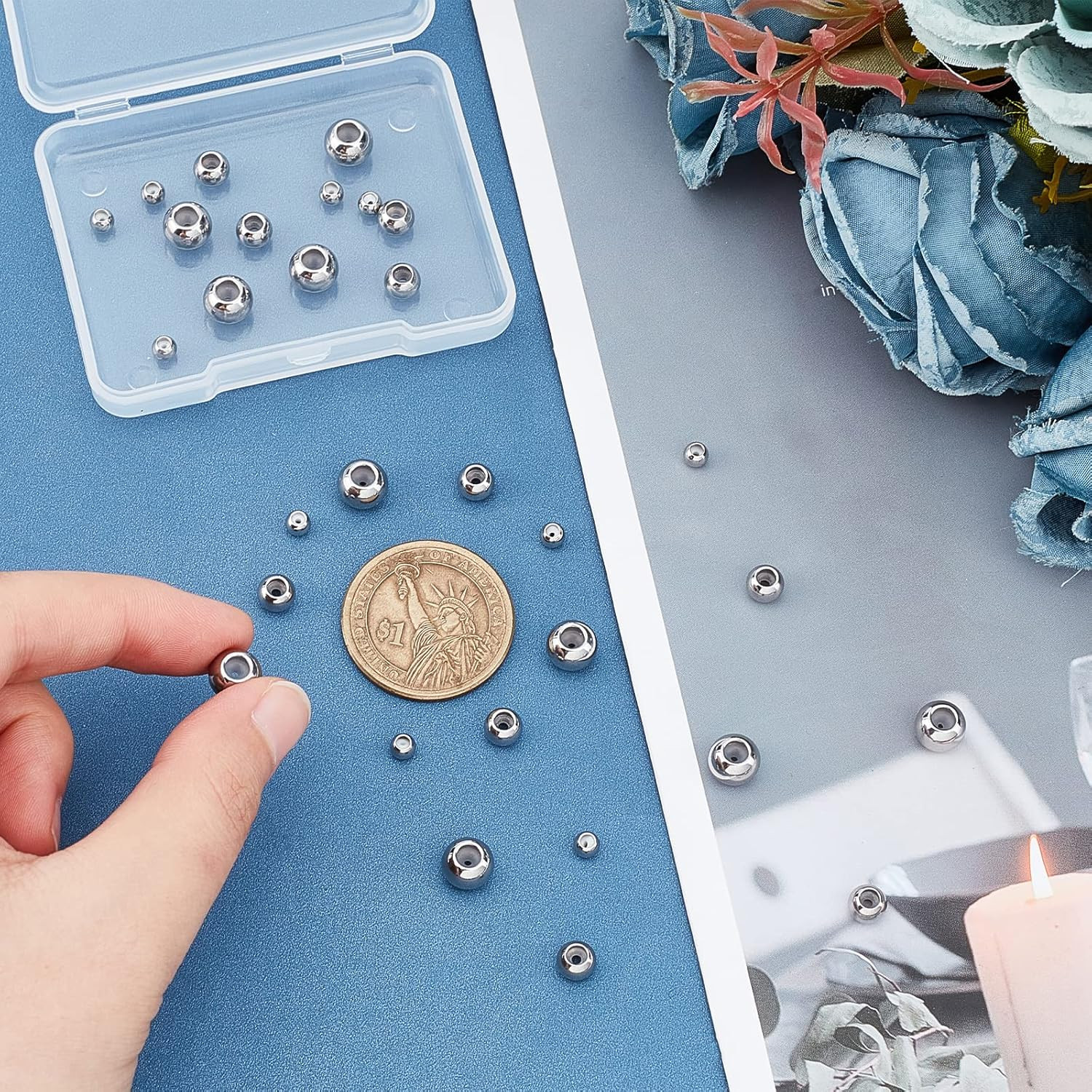 PH Pandahall 30Pcs Stainless Steel Stopper Beads Slider Beads 4Mm 6Mm 8Mm Rondel