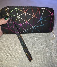 Black Geometric Metallic Double Zipper Long Wallet Wristlet