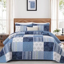 Patchwork Blue Quilt Set King Size,3 Pieces Boho Bedspread Coverlet Set Plaid Bo