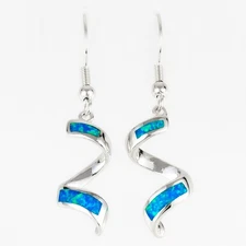 Twist Spiral Ocean Blue Fire Opal Silver Jewelry Dangle Drop Earrings