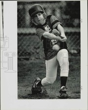 1992 Press Photo Little League player Grant Anderson wears mask when batting