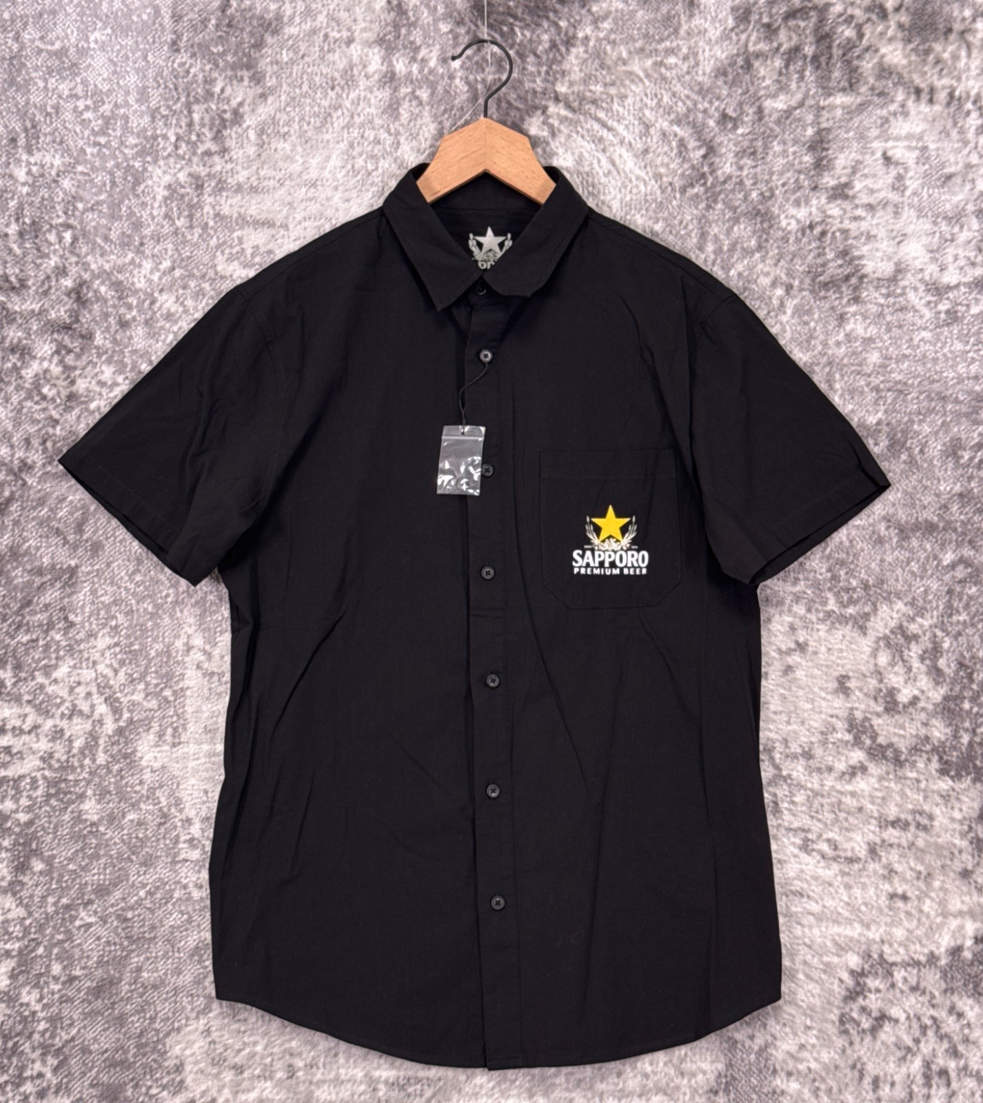 New Sapporo Shirt Large Mens Black Brewery Worker Shirt Button Down Short Sleeve