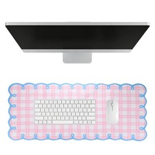Scalloped Desk Mat, 31.5 x 15.7" Checkered Large Mouse Pad, Mix Pink Blue