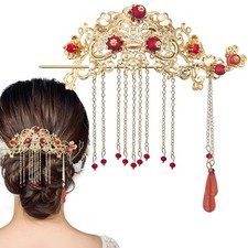 Chinese Hair Accessories for Wedding, Red Tassel Gold Hanfu Pins Pearl Flower...