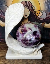 Purple Mica Lepidolite Crystal Sphere 63mm 355g & White Feather Stand