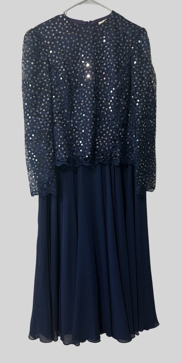 Vestido Talbots Joan Leslie Azul Marino Lentejuelas Encaje Talla 16 Midi Chifón De Colección Elegante