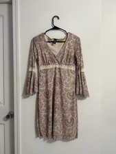 Women's Indie Boho Hippie Maxi Dress Flared Paisley Festival Beige Laced S/M