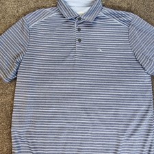 Tommy Bahama Men  s M Blue Striped Performance Polo Shirt Sailfish Logo Golf